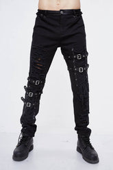 Black Asymmetric Loops Ragged Punk Rock Broken Holes Bandage Mens Pants